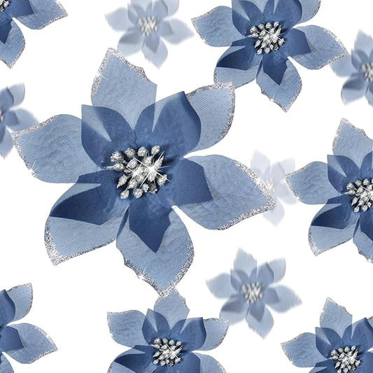 WILLBOND 24 Pcs 3 Size Poinsettia Flower Artificial Christmas Decor Glitter Poinsettia Christmas Ornaments Faux Flowers for Xmas Tree Outdoor(3.2/4/6 Inches,Gray Blue)