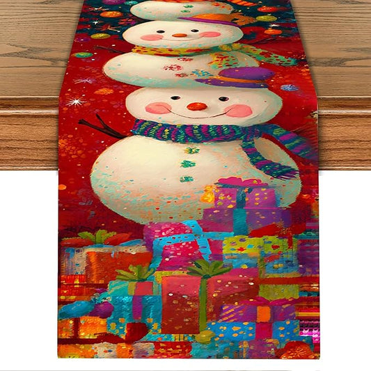 Christmas Table Runner 13 x 72 Inch, Holiday Snowman and Christmas Tree Design, Festive Red Winter Table Decoration with Gifts, Dining Table Centerpiece for Xmas Party Home Decor