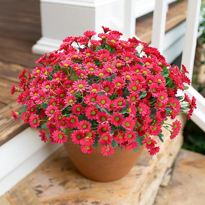 Daisy Artificial Flowers for Outdoors Summer Fall Decor, 6 Bundles Fake Mums Silk Flowers for Outside Look Real UV Resistant Fake Plants Faux Flowers for Planter Front Door Home Indoor Porch, Hot Pink