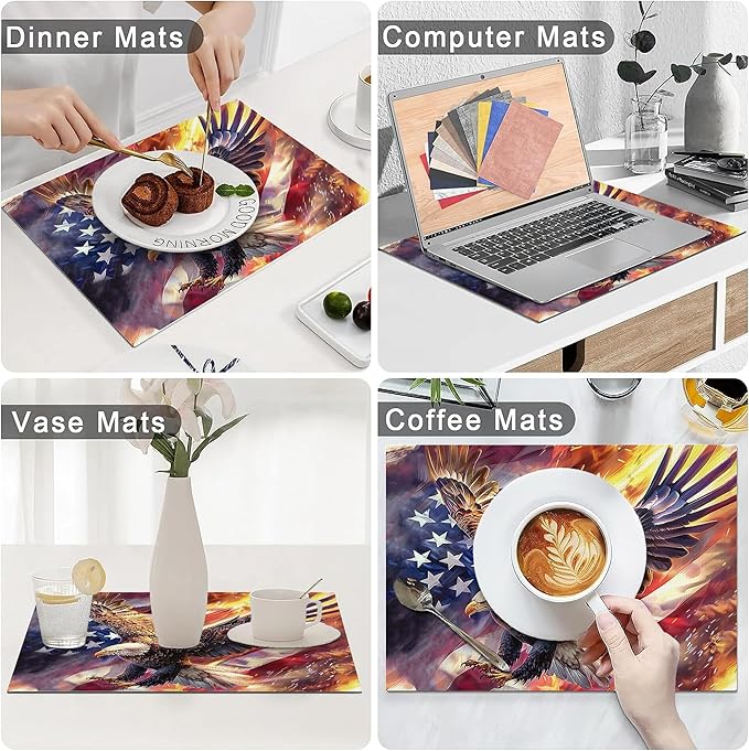 American Flag Placemats Set of 6 Washable Table Bald Eagle Heat-Resistant Cotton Linen Place Mats for Dining Table Kitchen Indoor Outdoor Party Holiday Decor