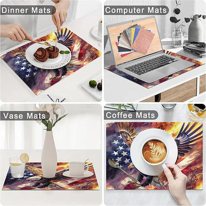 American Flag Placemats Set of 6 Washable Table Bald Eagle Heat-Resistant Cotton Linen Place Mats for Dining Table Kitchen Indoor Outdoor Party Holiday Decor