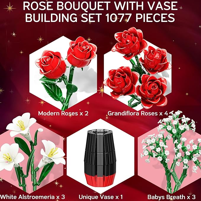 Roses Flower Bouquet Building Blocks Set with Vase, Women Men Teen Girls Gifts for Christmas, 1077PCS Botanical Collection Artificial Flowers Birthday Gifts for Her Him Wife Husband Mom Grandma Adults