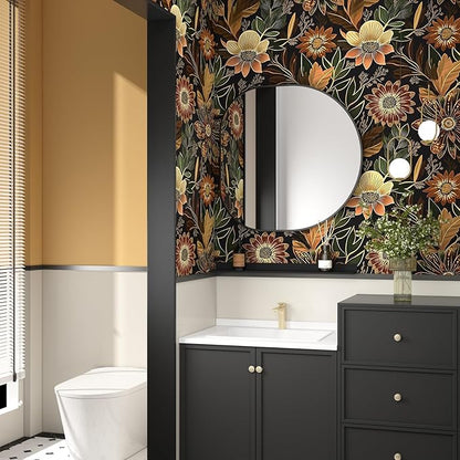 Boho Wallpaper Peel and Stick Dark Floral Wallpaper for Cabinet Vintage Contact Paper Waterproof Self Adhesive Removable Modern Wall Paper for Bedroom Stair Bathroom 17.5in x118in