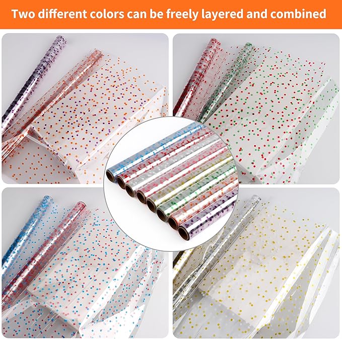 CMFYHM 8 Rolls clear Cellophane Wrap Roll (34 in x 16.4 ft x 8 Colors) Gift Baskets Wrap Roll,Extra Wide Transparent Polka Dots Cellophane Wrapping for Gift Baskets,Flowers, Candies, DIY Craft,Baby Shower, Easter,Halloween,Christmas
