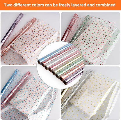 CMFYHM 8 Rolls clear Cellophane Wrap Roll (34 in x 16.4 ft x 8 Colors) Gift Baskets Wrap Roll,Extra Wide Transparent Polka Dots Cellophane Wrapping for Gift Baskets,Flowers, Candies, DIY Craft,Baby Shower, Easter,Halloween,Christmas
