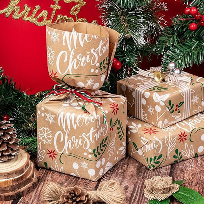 WRAPAHOLIC Kraft Christmas Wrapping Paper - Mini Roll - 17 Inch x 33 Feet - Merry Christmas Wrapping Paper with Leaves Design for Holiday, Party Celebration