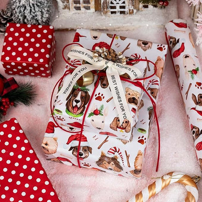 MAYPLUSS Christmas Wrapping Paper Roll - 17 Inch X 33 Feet - Cute Dog Hat Reversible Polka Dot Gift Wrapping Paper, Thick Wrap Paper for Holiday Party New Year Kids