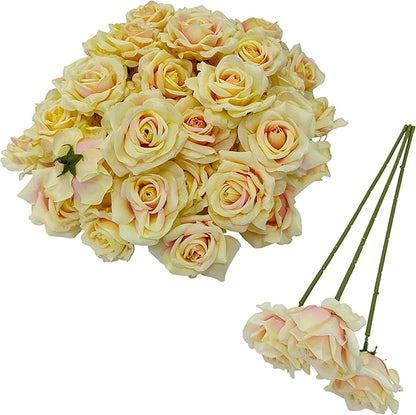 Artificial Satin Rose Flower Heads,48 Pcs Silk Rose Heads with Stems,3.3'' Rose Artificial Flowers Bulk,Artificial Rose Flower Heads for DIY Crafts Bouquet (48, Champagne)