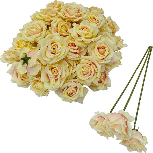 Artificial Satin Rose Flower Heads,48 Pcs Silk Rose Heads with Stems,3.3'' Rose Artificial Flowers Bulk,Artificial Rose Flower Heads for DIY Crafts Bouquet (48, Champagne)