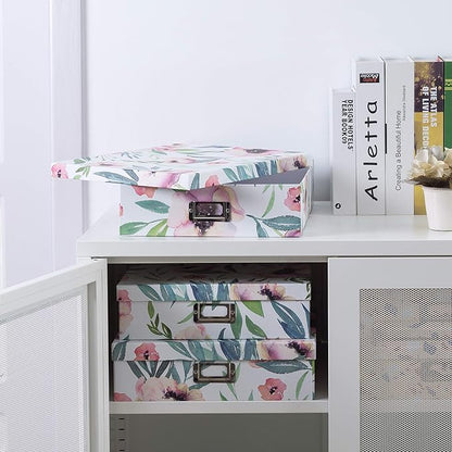 Soul & Lane Decorative Cardboard Storage Boxes With Lids for Home Décor, Set of 3 Floral Photo and Letter Box Set, Nesting Paperboard Storage for Scrapbook Paper, Keepsakes, Memories