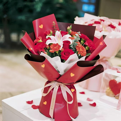 LeZakaa 20 Sheets Flower Wrapping Paper, Red with Gold Heart Design Waterproof Floral Bouquet Paper for Valentine's Day, Wedding, Anniversary Romantic Gift Packaging