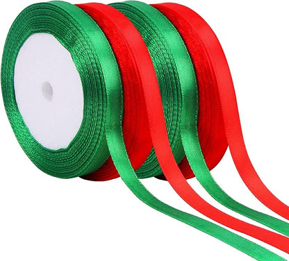 DECYOOL Christmas Ribbons, 4 Rolls 100 Yards 10mm Wide Holiday Satin Ribbons for Gift Wrapping and DIY Craft Christmas Party Home Decorations, Red & Green
