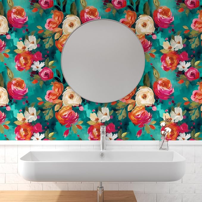 Watercolour Floral Peel and Stick Wallpaper Boho Vibrant Contact Paper Renter Friendly Wall Paper for Countertop Cabinet Wall Shelf Liner Removable Blue Colorful 17.5 x 118In