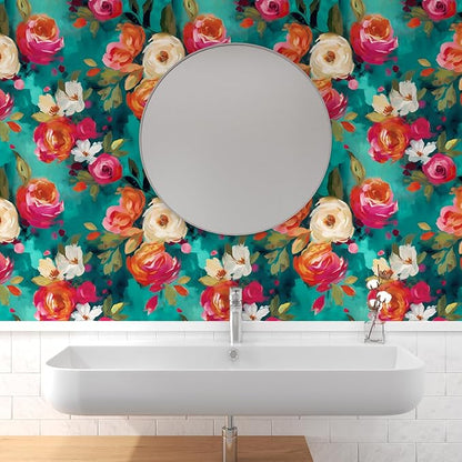Extra Long Vibrant Wallpapers Watercolour Floral Peel and Stick Wallpaper Boho Contact Paper for Counter Cabinet Shelf Renter Friendly Oil Painting Colorful 17.5 x 393.5In