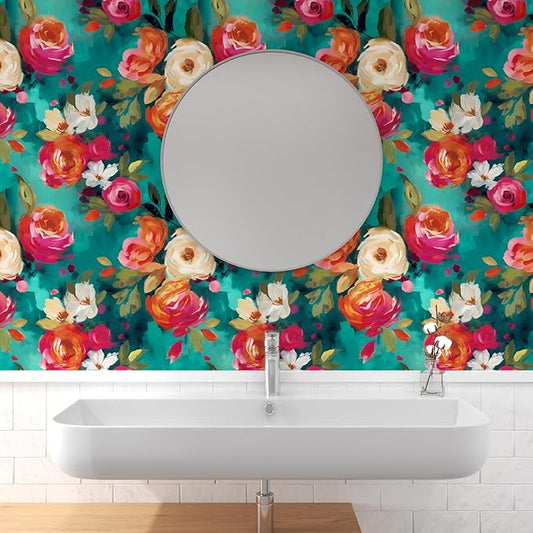 Extra Long Vibrant Wallpapers Watercolour Floral Peel and Stick Wallpaper Boho Contact Paper for Counter Cabinet Shelf Renter Friendly Oil Painting Colorful 17.5 x 393.5In