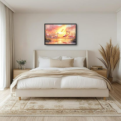 Large Flamingo Wall Art for Living Room, Framed Oversized Sunset Lake Wall Decor Landscape Canvas Painting Pictures Modern Artwork for Living Room Bathroom Bedroom Office Dining Room 36"x24"