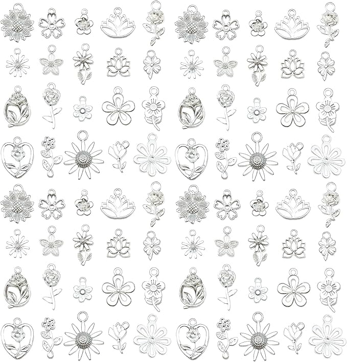 WOCRAFT 60pcs Bright Silver Flowers Bracelet Charms for Jewelry Making Sets DIY Necklace Bracelet Keychain Crafting Charms Kit Craft Supplies (SN879)