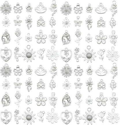 WOCRAFT 60pcs Bright Silver Flowers Bracelet Charms for Jewelry Making Sets DIY Necklace Bracelet Keychain Crafting Charms Kit Craft Supplies (SN879)