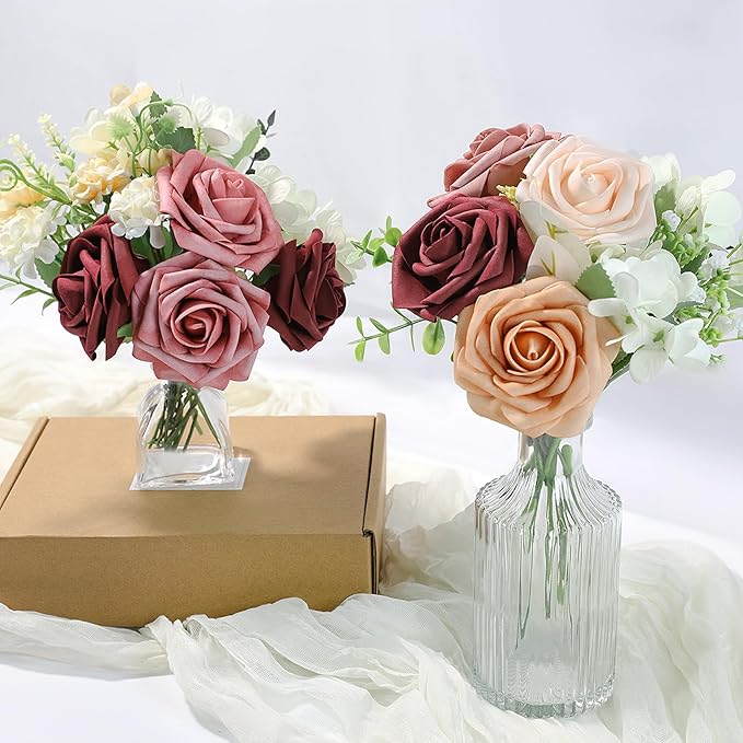 Meldel Artificial Flower 25pcs Real Touch Burgundy Rose Fake Foam Roses with Stems for DIY Wedding Bouquets Gifts Bridal Shower Faux Floral Centerpieces Arrangements Home Party Tables Decorations