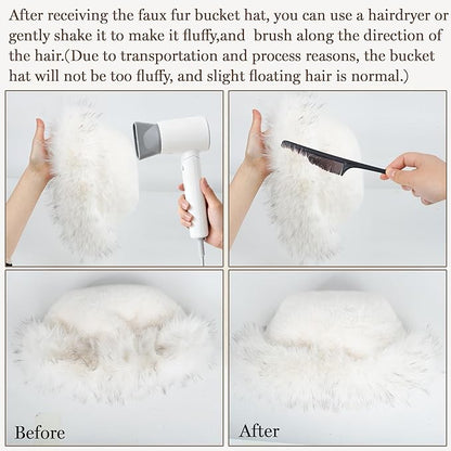 Fuzzy Bucket Hats for Woman Fur Winter Hat Fluffy Warmer Fisherman Cap