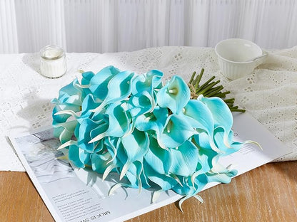 24 Pcs Artificial Calla Lily Flowers Fake Silk Flowers Real Touch for Wedding Bouquet Office Home Kitchen Decor (Peacock Blue)