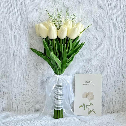 Artificial Floral Tulip Bouquet 20pcs Artificial Tulip Flowers,Bridesmaid Bouquet with Wedding Ceremony Festivals Anniversary Bridal Rehearsal Party Bar Table Decor(Cream)