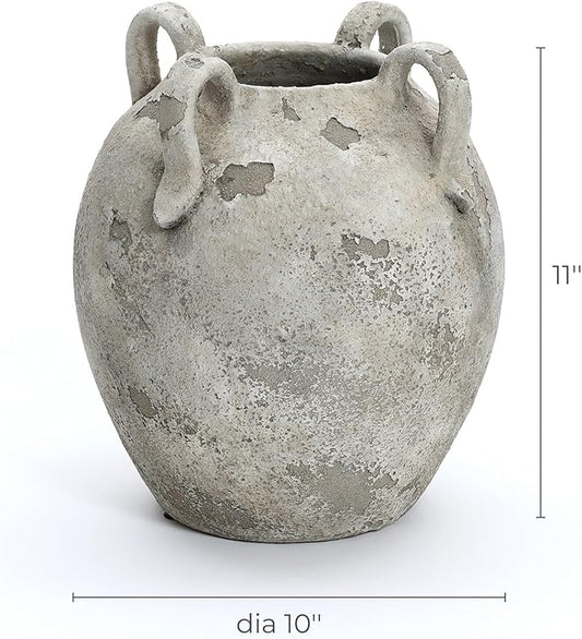 LuxenHome Rustic Ceramic Vase,11'' Gray and White Round Vase,Terracotta Large Flower Vases with Handles for Living Room Home Decor,Vintage Pottery Tall Vases Home Décor Accents