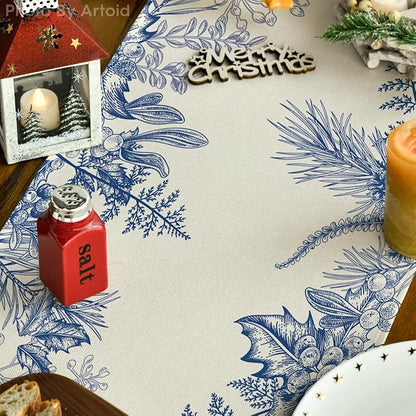 Artoid Mode Monochrome Sketch Holly Pine Cone Christmas Table Runner, Seasonal Winter Kitchen Dining Table Decoration for Home Party Decor 13x72 Inch