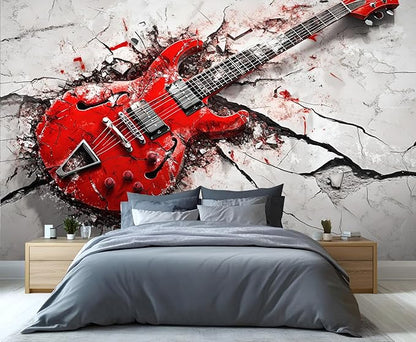 Red Electric Guitar Wall Mural, Grunge Style Guitar 3D Wall Murals, Rock Music 3D Explosion Wallpaper Mural, for Living Room Bedroom Large Wallpaper Indoor Decor 177.16" W x120 H