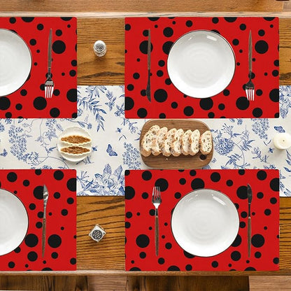 Black Spots Placemats Set of 4, 12x18 Inch Non-Slip Washable Heat Resistant Linen Fabric Table Mats,Place Mats for Holiday Party