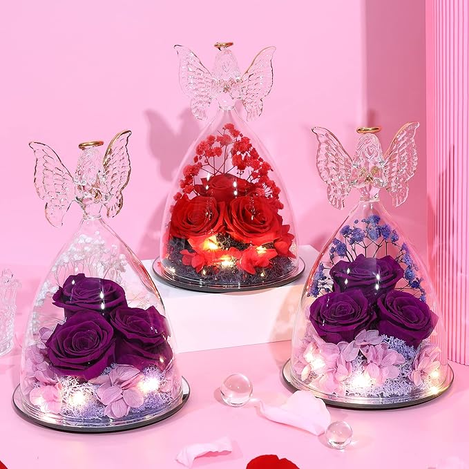 Christmas Rose Gifts for Women Preserved Real Flower in Glass Angel Figurines Roses for Delivery Prime Birthday Gifts for Mom Grandma Girlfriend Wife Her - Purple
