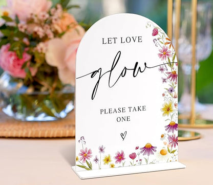 Wedding Glow Sticks Please Take One Sign, Wild Flower Arch Acrylic Wedding Signs for Reception, Love Is In Bloom Bridal Shower Floral Engagement Party Decorations, 6x8 Inch