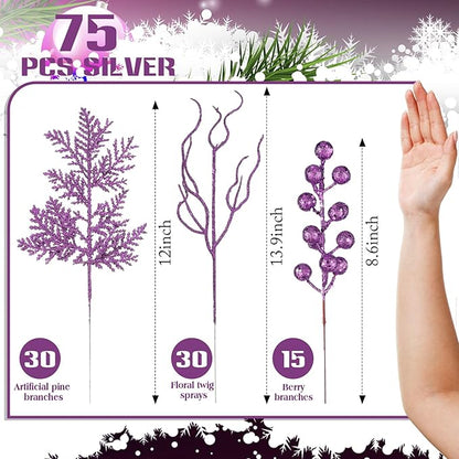 75 Pcs Christmas Glitter Branches 3 Styles Artificial Christmas Picks Berries Stems Pine Needles Floral Twig Spray for Xmas Tree Ornaments DIY Wreath Garland(Light Purple)