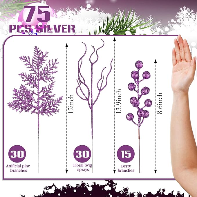 75 Pcs Christmas Glitter Branches 3 Styles Artificial Christmas Picks Berries Stems Pine Needles Floral Twig Spray for Xmas Tree Ornaments DIY Wreath Garland(Purple)
