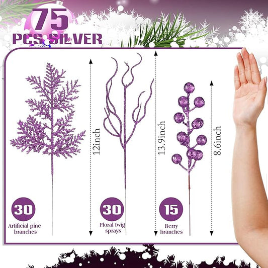 75 Pcs Christmas Glitter Branches 3 Styles Artificial Christmas Picks Berries Stems Pine Needles Floral Twig Spray for Xmas Tree Ornaments DIY Wreath Garland(Purple)