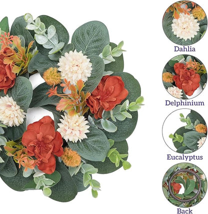 2 Pcs Mini Fall Orange Floral Candle Rings Wreaths for Pillars Home Table Window Decor, 9 Inches Artificial Flower Cabinet Wreath for Autumn Kitchen Farmhouse Wedding Party (Orange Delphinium)