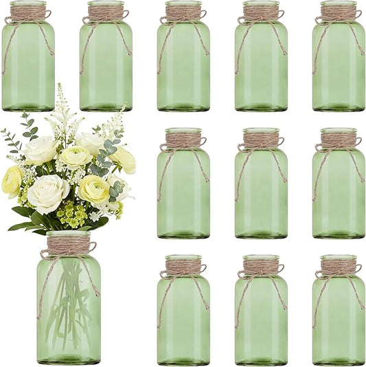 Vintage Glass Flower Vase，12 Pack Green Farmhouse Glass Centerpiece Vases Mason Jars for Weddings, Parties & Home Decor Bulk (12, Green)