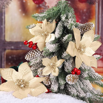 WILLBOND 24 Pcs 3 Size Poinsettia Flower Artificial Christmas Decor Glitter Poinsettia Christmas Ornaments Faux Flowers for Xmas Tree Outdoor(4/6/7.9 Inches,Champagne)