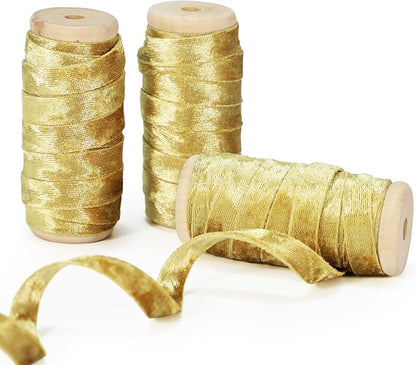 Gold Velvet Ribbon Double-Sided Handmade Glossy Fabric Trim Wooden Spool Thin Ribbons for Christmas Tree Gift Wrapping Crafts Wedding Flower Bouquet 3/8 inch x 5YD 3 Rolls