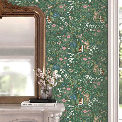 Heroad Floral Peel and Stick Wallpaper Green Wallpaper Boho French Country Contact Paper Vintage Cat Birds Removable Self-Adhesive Wall Paper for Bedroom Kitchen Cabinets Decoration Vinyl 17.3”x78.7”