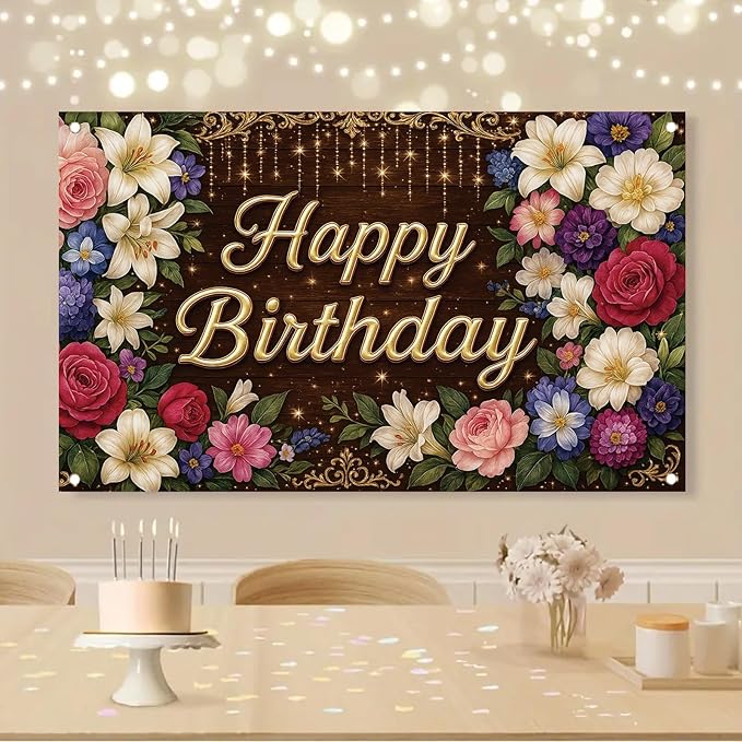 Rustic Wooden Gold Letter Happy Birthday Backdrop Banner for Women Girls Flowers Photography Background Decoration Wedding Baby Shower Decor Photo Booth Studio Props Supplies 6x4ft