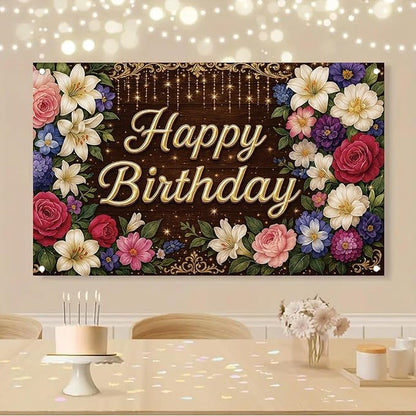 Rustic Wooden Gold Letter Happy Birthday Backdrop Banner for Women Girls Flowers Photography Background Decoration Wedding Baby Shower Decor Photo Booth Studio Props Supplies 6x4ft