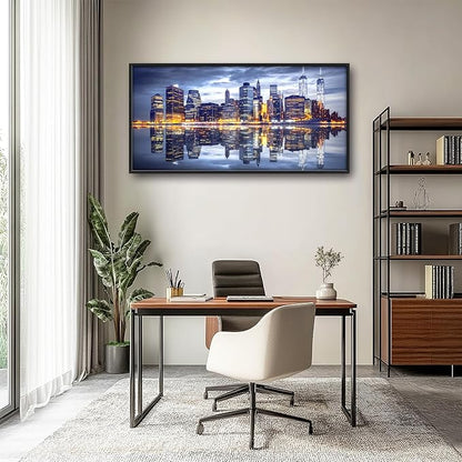 New York City Large Wall Art Framed Wall Decor for Living Room, Manhattan Skyline at Night Pictures Oversized Canvas Print Painting Modern Extra Large Framed Artwork for Bedroom Office 60"x30"