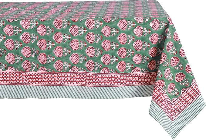 ATOSII Roma Green100% Cotton Rectangle Summer Tablecloth, Block Print Floral Linen Table Cloth for Dining Table Parties Wedding Outdoors I Grand Millennial Decor 60 X 90 Inches 6 Seater I Memorial Day