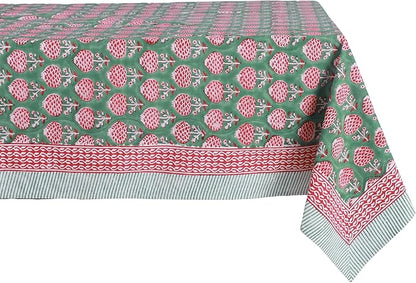 ATOSII Roma Green100% Cotton Rectangle Summer Tablecloth, Block Print Floral Linen Table Cloth for Dining Table Parties Wedding Outdoors I Grand Millennial Decor 60 X 90 Inches 6 Seater I Memorial Day