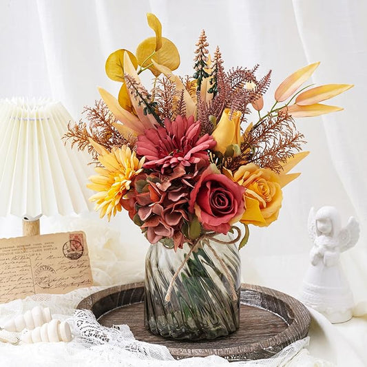 Fake Flowers Artificial Flowers with Vase, Faux Silk Flowers Fake Plants for Farmhouse Kitchen Dining Table Decorations, Fall Decorations for Home Office