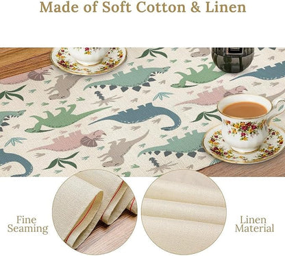 Cartoon Dinosaur Table Runner,Kids Boys Cute Colorful Animal Dino Abstract Print Tablecloth Burlap for Hotel Indoors Outdoor Dining Room Kitchen Holiday Party, 13x36in