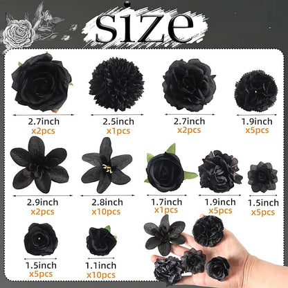Fake Flower Heads for Crafts - Black Silk Artificial Roses, Peonies, Daisies & Floral Heads (48-Pack) for Wedding Decor, Graduation Caps, Baby Showers, Halloween Decor, and Home Decoration