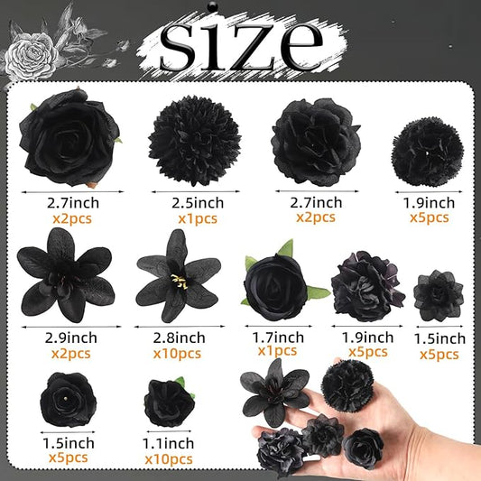 Fake Flower Heads for Crafts - Black Silk Artificial Roses, Peonies, Daisies & Floral Heads (48-Pack) for Wedding Decor, Graduation Caps, Baby Showers, Halloween Decor, and Home Decoration