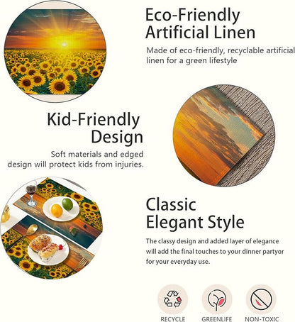 Sunflower Fields Placemats Set of 6,Sunset Sunrise Linen Washable Kitchen Dining Table Mats Heat Resistant Place Mats for Home Party Indoor Holiday 12x18 Inch